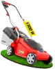 A red electric lawnmower is shown on a patch of artificial grass against a white background. Produktbild-Vorschau