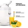 A white electric citrus juicer is shown next to a glass of orange juice and oranges. Text overlays explain the anti-drip spout functionality. Voir les images du produit