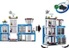 A split image showing a police station building kit in two configurations, with an arrow indicating transformation. A small inset shows a toy accessory. Náhľad obrázku produktu