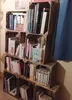 A collection of wooden crates filled with books, arranged as a bookshelf. Produktbild-Vorschau