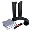 A set of black plastic attachments for a leaf blower, including two tubes, a curved pipe, a collection bag, and a strap, laid out on a white background. Produktbild-Vorschau