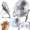 A collage of a metal floor fan, a close-up of the fan, and a dog being blown by the fan's air. Voir les images du produit