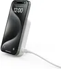 A smartphone is charging on a white wireless charging stand, with a white cable connected. Voir les images du produit