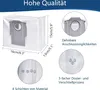 Diagrams and text illustrating the features and dimensions of dust bags for a robot vacuum cleaner. Produktbild-Vorschau
