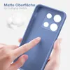 A hand is touching a blue phone case, highlighting its matte surface and soft grip. Produktbild-Vorschau