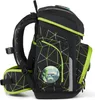 A black school backpack with green geometric patterns and trim, shown from the side. Podgląd zdjęcia produktu