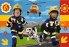Two firefighters and a Dalmatian dog running with a helicopter in the background, set against a colorful graphic background. Produktbild-Vorschau