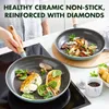 Two frying pans with food on a kitchen counter, one being held by a person. Náhled obrázku produktu