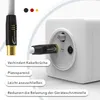 A close-up view of a coaxial cable connector being plugged into a wall socket, with descriptive text boxes highlighting product features. Produktbild-Vorschau