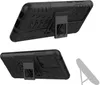 Two views of a black smartphone case with a kickstand, shown against a white background. Produktbild-Vorschau