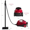 Diagram showing dimensions and features of a red and black steam cleaner. Voir les images du produit
