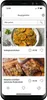 A screenshot of a mobile app displaying a list of main dishes with images and preparation times. Produktbild-Vorschau