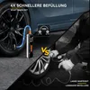 Split image showing a portable tire inflator on the left and a person using a traditional air compressor on the right, comparing speed. Produktbild-Vorschau