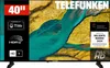 A Telefunken television displaying a landscape image, with various feature callouts on the left and right sides. Produktbild-Vorschau