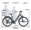 Diagram showing the dimensions of an electric bike with silhouettes of people for scale. Produktbild-Vorschau