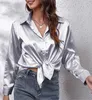 ASKSA Damen Satin Bluse V-Ausschnitt Hemde Elegant Knoepfen Produktbild-Vorschau 2