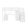 A white loft bed with a desk, wardrobe, and stairs against a white background. Voir les images du produit