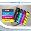 Four ink cartridges are displayed in a row, with text labels indicating their color and quantity. Produktbild-Vorschau