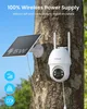 A solar-powered security camera mounted on a tree trunk, with a solar panel attached. Náhled obrázku produktu