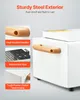 Close-up marketing image of a white sterilizer box with brown handles, highlighting its features with text overlays. Produktbild-Vorschau