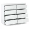 A white, modern dresser with eight drawers, some of which are partially open. Produktbild-Vorschau