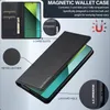 A black flip wallet case for a smartphone, with callouts highlighting features like card slots, retro leather texture, and lanyard hole. Produktbild-Vorschau