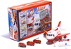 A toy transport airplane with several fire trucks and traffic signs. Produktbild-Vorschau