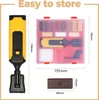 A set of tools for repairing wood, including a heating tool, wax sticks, and a storage case, with dimensions indicated. Voir les images du produit