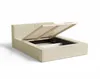 A beige upholstered bed frame with its storage compartment open, revealing the slatted base. Voir les images du produit