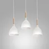 Lampa wisząca nad stół biała listwa 3 klosze z drewnianymi Podgląd zdjęcia produktu 2