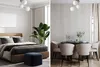 A split image showing a bedroom with a bed and a dining area with a table and chairs. Produktbild-Vorschau