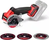A cordless angle grinder with three cutting discs displayed below it, all on a white background. Produktbild-Vorschau