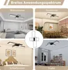 Collage showing a modern LED ceiling lamp in different room settings: living room, dining room, bedroom, and study. Voir les images du produit