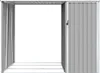 A grey metal firewood storage shed with an open front and a closed door on the right side, shown against a white background. Produktbild-Vorschau