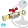 An exploded view of a ball valve with compression fittings, showing its components. Produktbild-Vorschau
