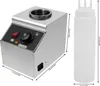 A stainless steel sauce warmer and a plastic squeeze bottle are shown next to each other with dimensions indicated. Náhled obrázku produktu
