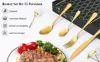 A set of gold cutlery is displayed next to a plate of food, with text highlighting product features. Produktbild-Vorschau
