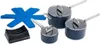 A set of navy blue pots and pans with silver handles and lids, along with a blue pot holder and a black utensil holder. Anteprima dell’immagine prodotto