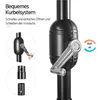 Close-up of a crank mechanism on a dark umbrella pole, with inset images showing details of the mechanism and pole sections. Produktbild-Vorschau