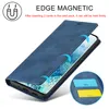 A blue phone case with a card slot is shown with arrows indicating its magnetic closure and card holding capability. Produktbild-Vorschau