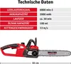 A technical data table and an image of a red electric chainsaw. Produktbild-Vorschau