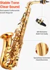 A golden saxophone is shown with callouts highlighting its features. Náhľad obrázku produktu