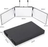 A tri-fold makeup mirror is shown in both an open and closed state, with dimensions indicated by text. Produktbild-Vorschau