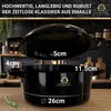 A black enameled pot with its lid lifted, showing dimensions and branding. Produktbild-Vorschau