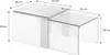 Two clear acrylic tables of different sizes are shown side-by-side with dimensions indicated. Produktbild-Vorschau