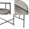 A collage of four close-up images showing different details of a round side table with a black metal frame and a wood-look top. Anteprima dell’immagine prodotto
