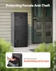 A black parcel box is shown on a porch next to a door. A smaller inset image shows a hand attempting to reach into the parcel box, with a red circle and slash indicating it's not possible. Voir les images du produit