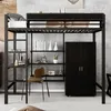 A loft bed with a desk, shelves, and a wardrobe underneath, set against a concrete wall. Náhled obrázku produktu