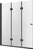 A frameless, foldable shower door with black metal accents and clear glass panels. Podgląd zdjęcia produktu