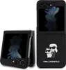 A black Karl Lagerfeld branded phone case for a Samsung Galaxy Z Flip 5 is shown in two views: one folded and one unfolded. Podgląd zdjęcia produktu